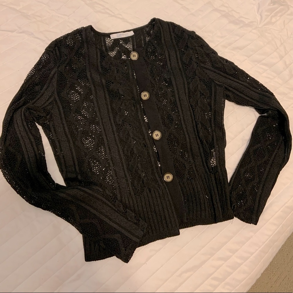Zara Black Open-Knit Button Front Cardigan